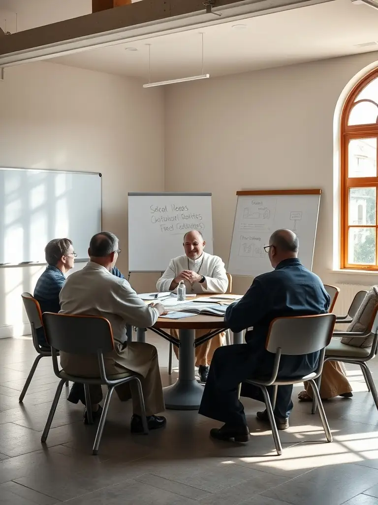 A serene image of a priest leading a religious education class, with diverse age groups participating actively in learning about Catholic teachings.