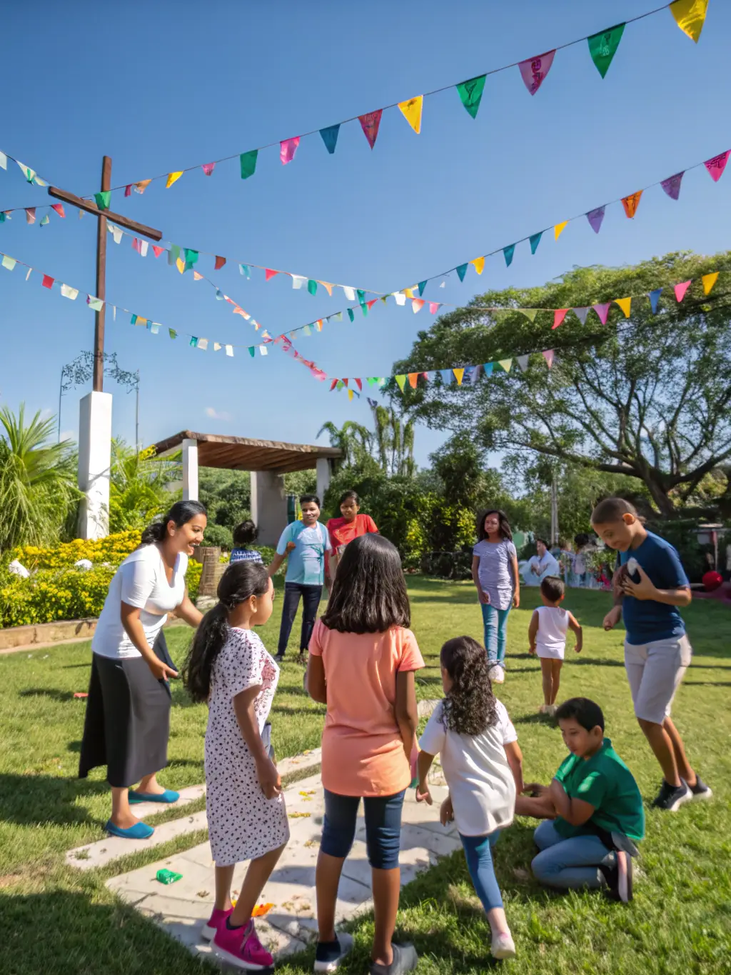 A vibrant image of community members actively participating in a church event, such as a festival or charity drive, illustrating the encouragement of active participation in church life within the FRATERNITE SACERDOTALE SAINT-PIE X.