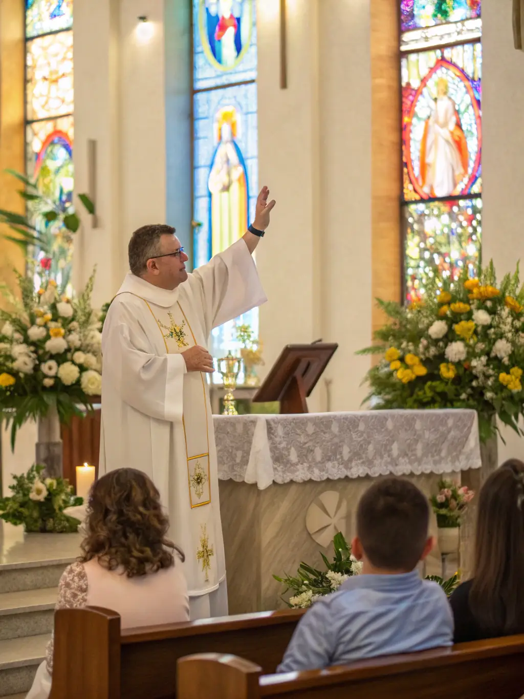 An inspiring image of a traditional Catholic Mass being celebrated, highlighting the reverence and spiritual significance of the worship service.