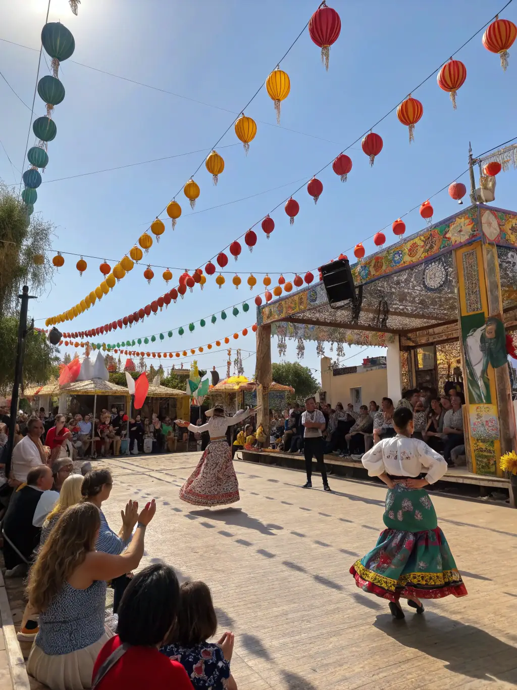 A photograph of a community event in Beaumont, featuring local residents and tourists interacting and enjoying cultural performances.