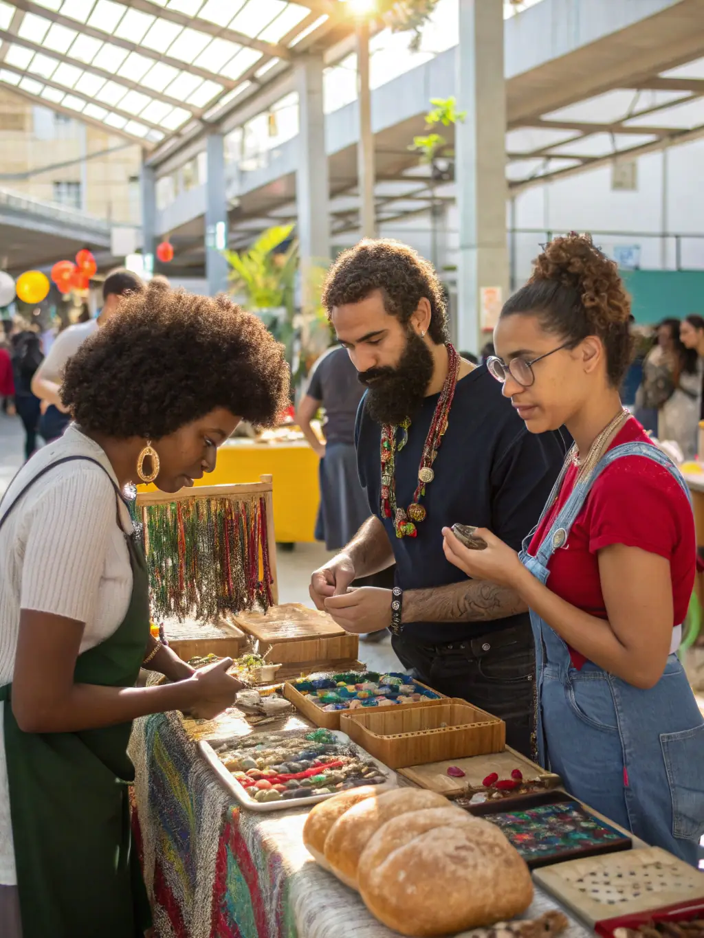 An image of local artisans showcasing their crafts at a community market, highlighting the support for local culture and economy.
