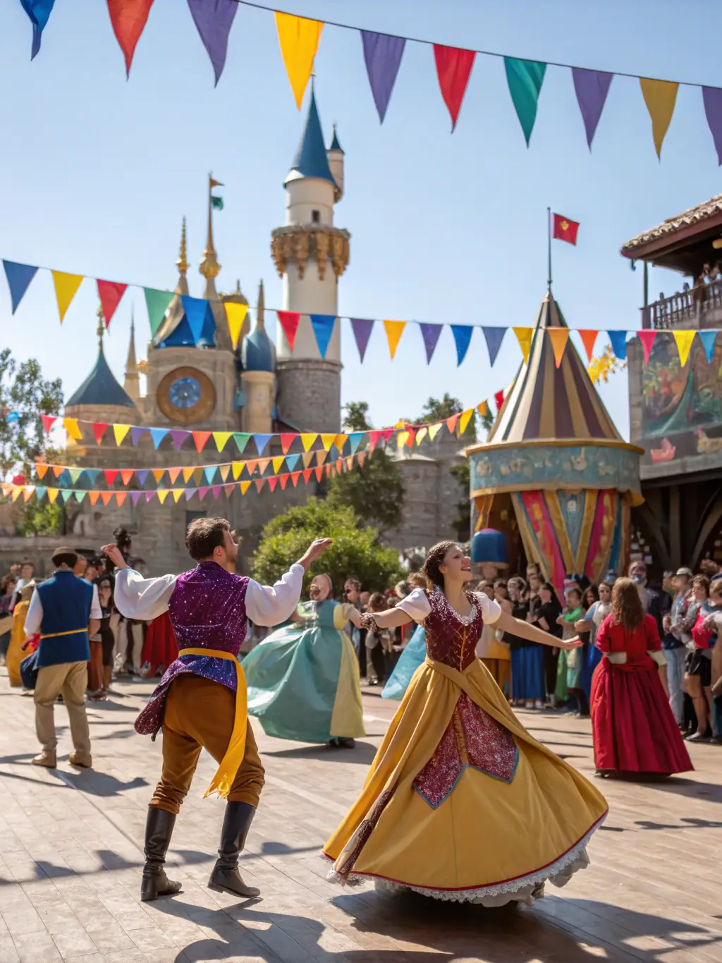 A vibrant photo of a group of tourists and local residents participating in a traditional Beaumont dance during a cultural festival, showcasing community engagement and cultural exchange.